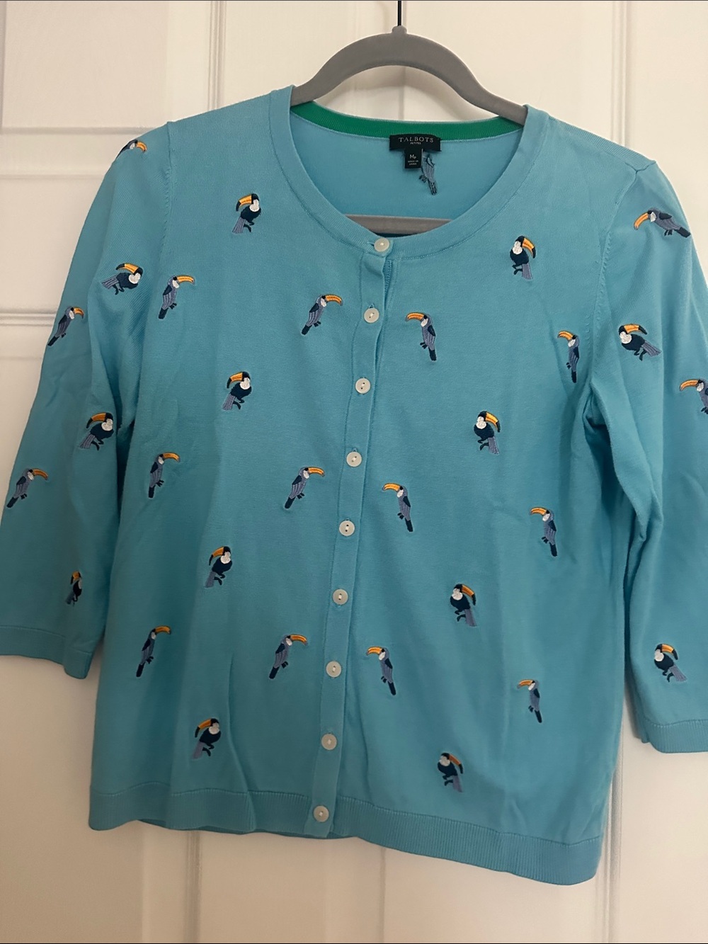 Talbots Turquoise Toucan Embroidered Button Cardigan
